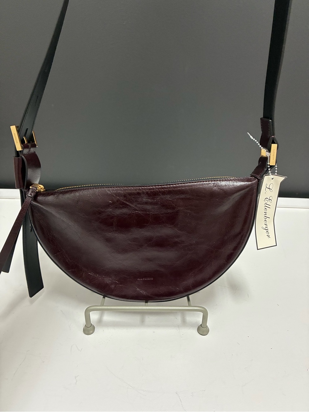All Saints Wine Leather Crescent Crossbody Bag